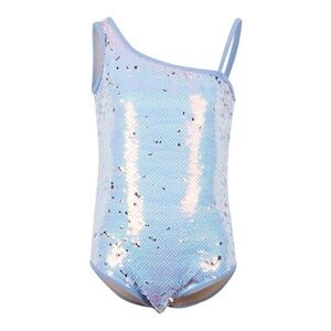 Kids One Shoulder Sequin Swim One Piece - Blue